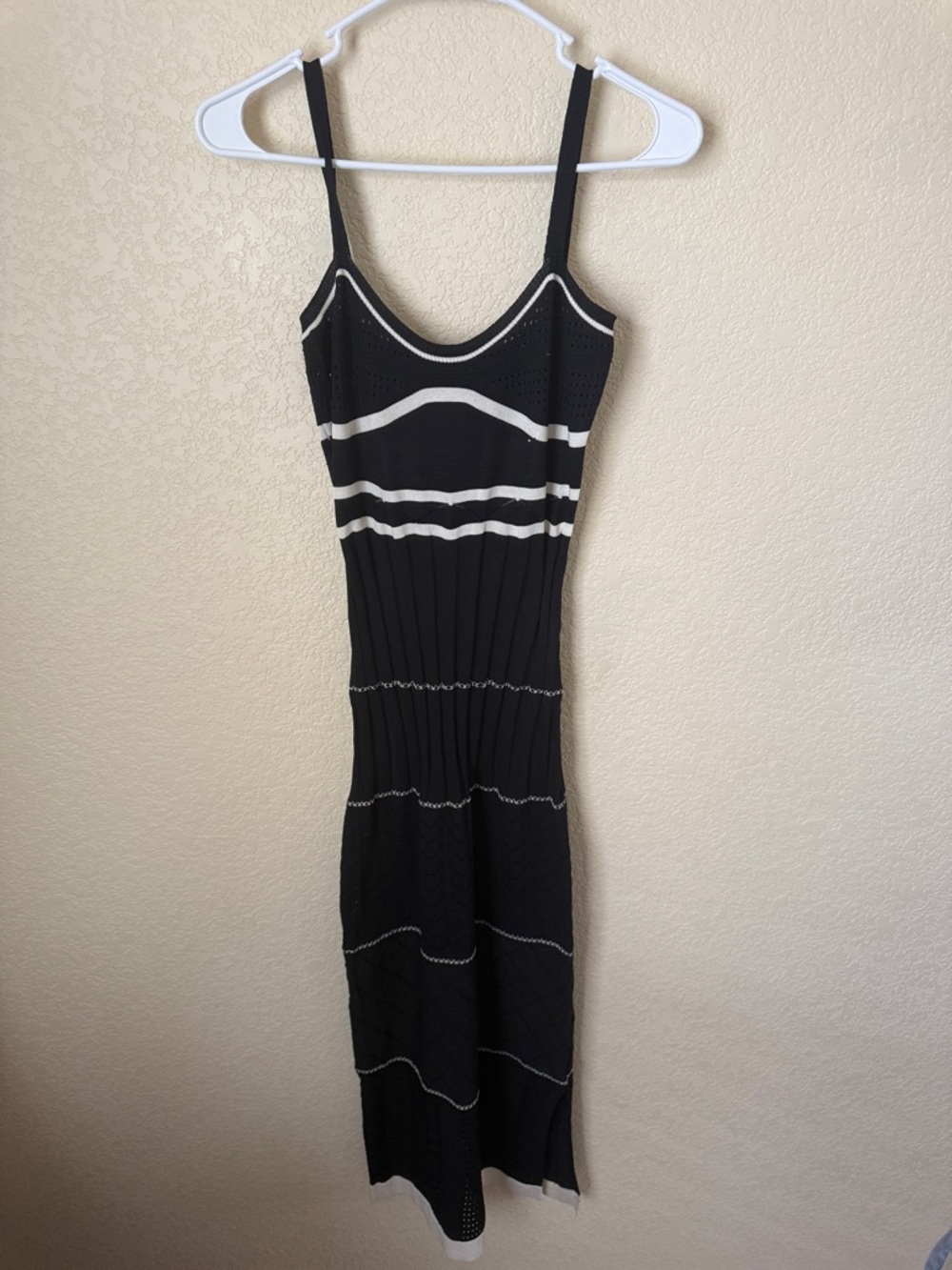 Black & White Striped Knit Midi Dress with Slim Straps